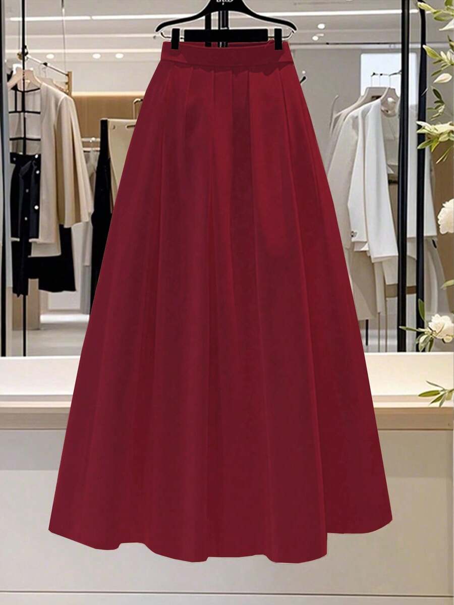 Franclia 女士纯色优雅A字褶裙，适合通勤 - 酒紅色 - 查看 1