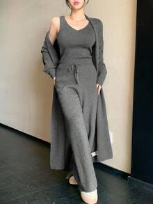 DAZY Damski, jednokolorowy, dzianinowy kardigan z długim rękawem, bezrękawnik z dzianiny i spodnie z dzianiny, 3 części, zestaw casualowy, jesień/zima - Szary - Zobacz 6