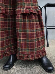 FRIFUL 女式红色格子面料松紧腰褶皱荷叶边下摆喇叭裙，休闲百搭女士长裙，秋季 - 酒紅色 - 查看 3