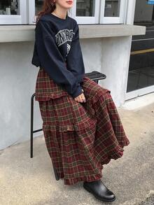 FRIFUL 女式红色格子面料松紧腰褶皱荷叶边下摆喇叭裙，休闲百搭女士长裙，秋季 - 酒紅色 - 查看 6