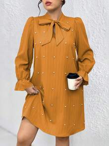 SHEIN Clasi 大码女式纯色领带仿珍珠装饰宽松时尚连衣裙 - 橘色 - 查看 4