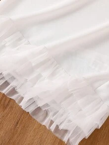 Vestido casual solto com decote alto e manga comprida, cor sólida, patchwork, babados e bainha