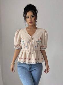 Rafferiza 优雅浪漫V领系带设计花卉印花女式夏季衬衫 - 香檳色 - 查看 3