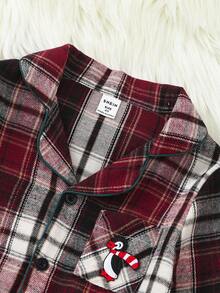 SHEIN Bộ đồ mặc nhà thường ngày cho bé trai với áo cardigan cổ kẻ caro tối giản cổ điển và quần dài - Nhiều màu - Xem 4