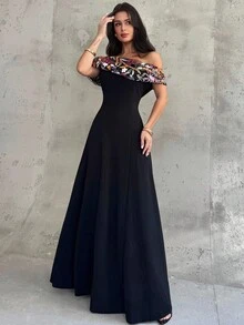 Aloruh 女士花卉亮片露肩连衣裙，优雅迷人 - 黑色 - 查看 9