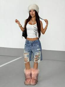 StreetHx Y2K Distressed Rhinestone Denim Shorts - Medium Wash - View 3