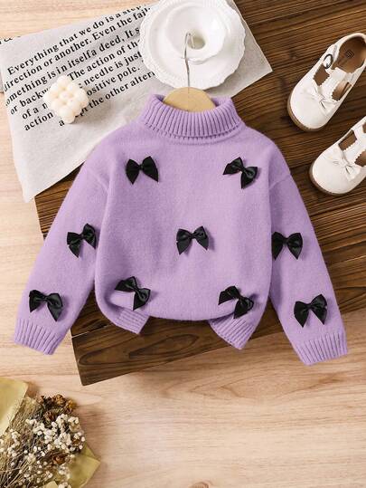LMoss Kids Suéter holgado con cuello alto y lazo 3D decorativo para niña joven, suéter de hilo para niña joven, disfraces de niña joven, suéter para niña pequeña, ropa de invierno para niñas, suéter para niñas