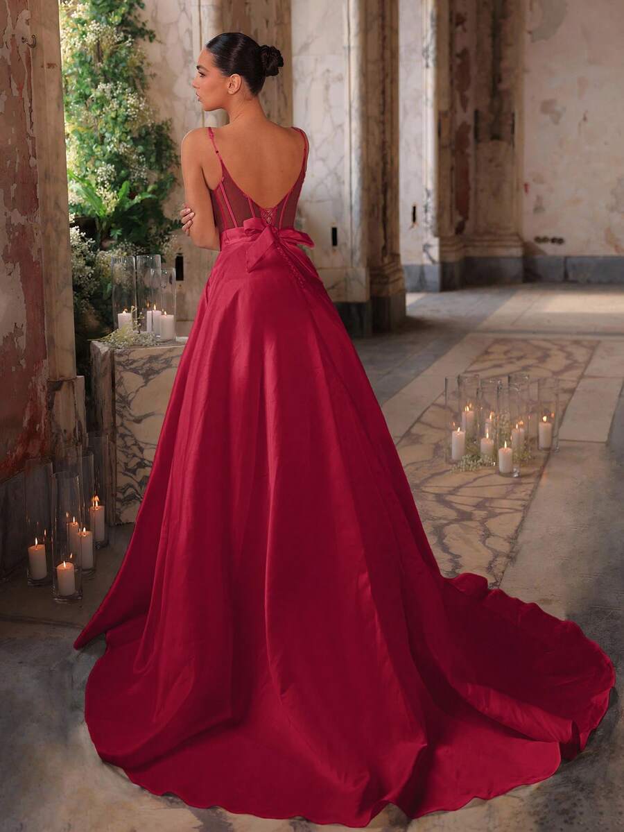 Glamrae Elegant White Minimalist Satin Slip V-Neck Backless Bowknot Adjustable Straps Side Pockets Extra Large Train A-Line Wedding Dress