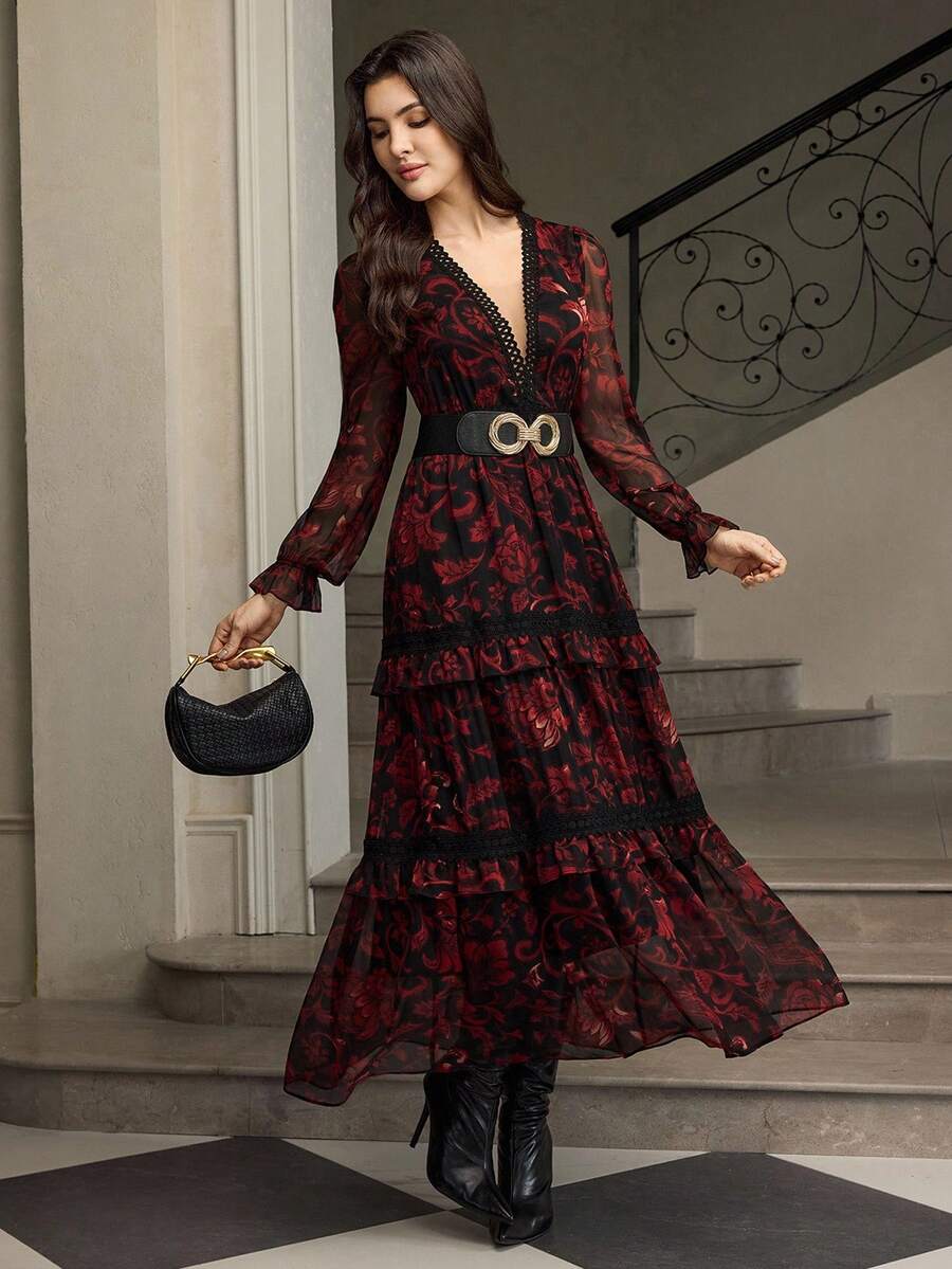 ZEYLAH Floral Print Patchwork Lace Romantic Women Dress, Autumn/Winter - Multicolor - View 1