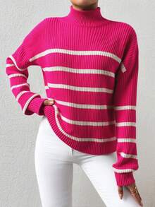EURMUSE Striped Pattern High Neck Drop Shoulder Sweater - Red - View 6