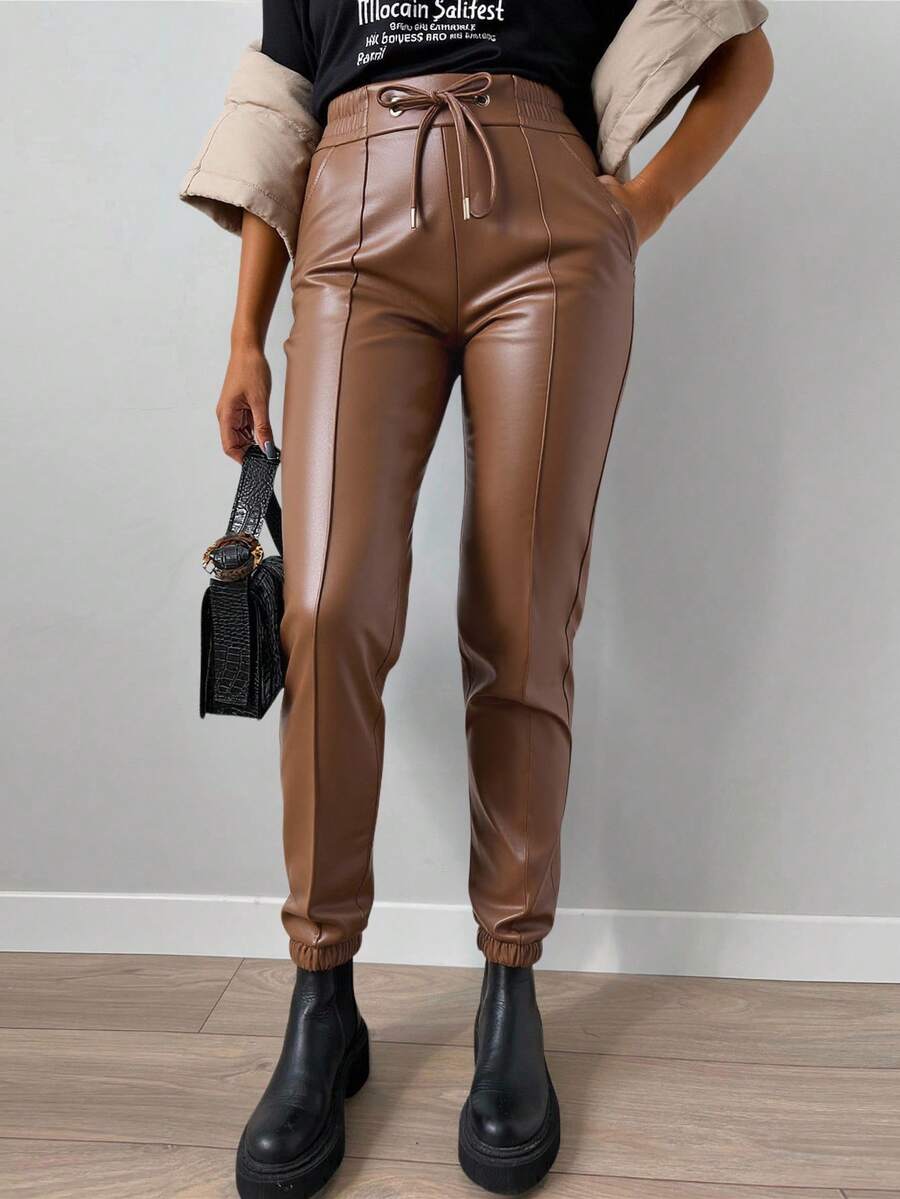 EURMUSE Pantalones de PU con cinturón - Marrón - Ver 1
