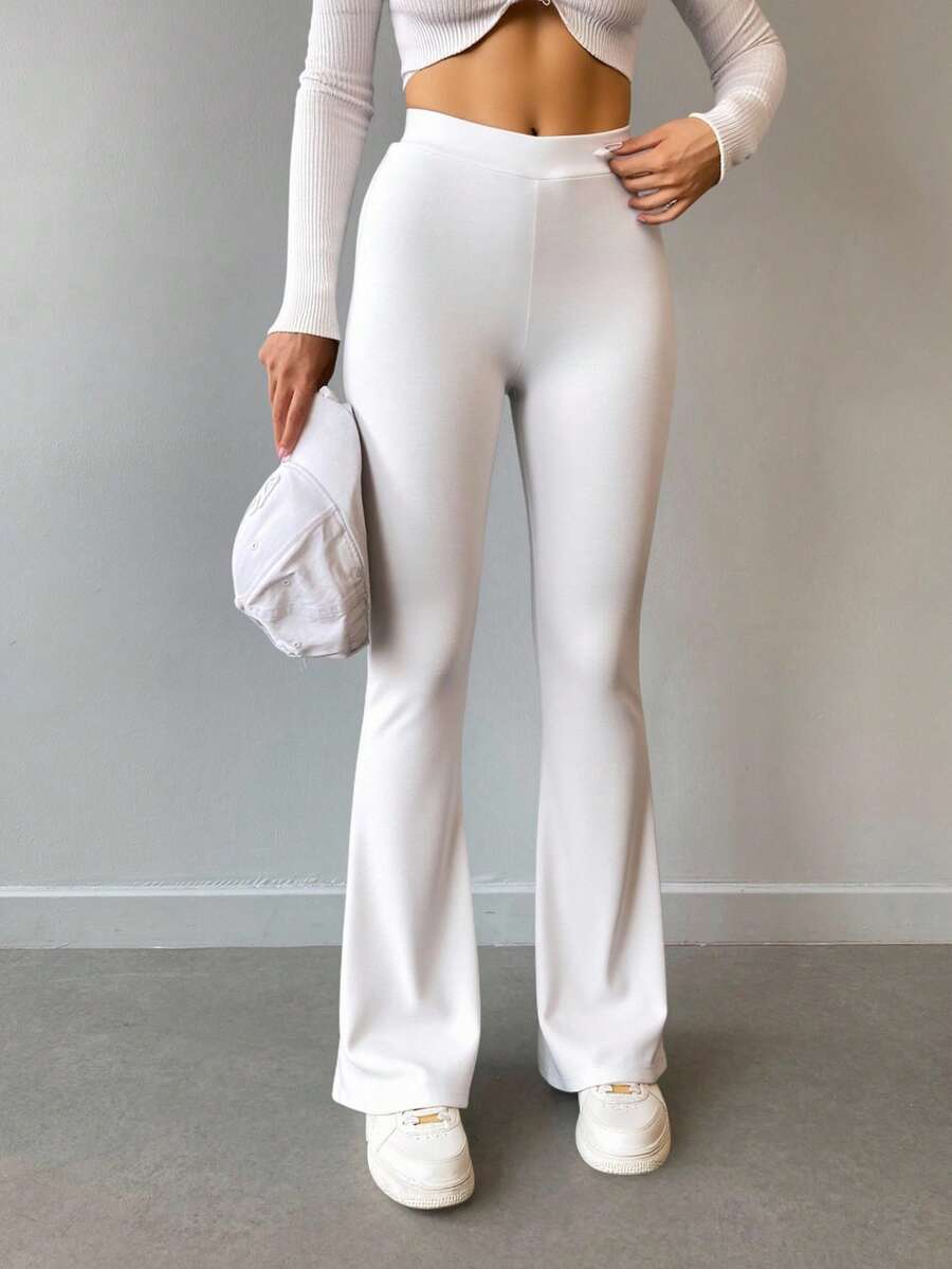 女性高腰喇叭褲 - 白色 - 查看 1
