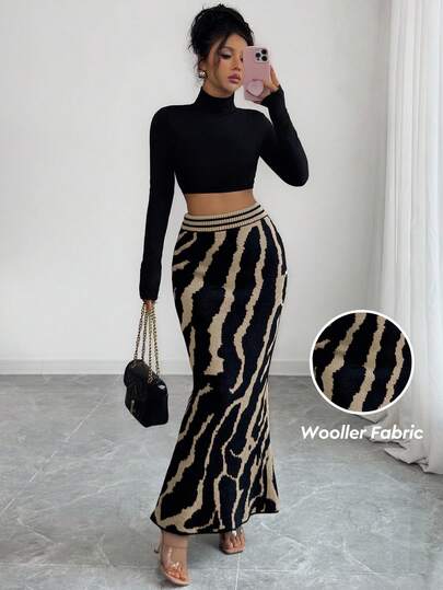 Elenzga 条纹腰带野生动物印花提花修身女式长款毛衣裙