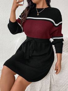 SHEIN Frenchy Váy len dệt kim sọc ngang vai dài tay cổ tròn cỡ lớn cho nữ, mùa thu - Màu Đỏ Sâu - Xem 2