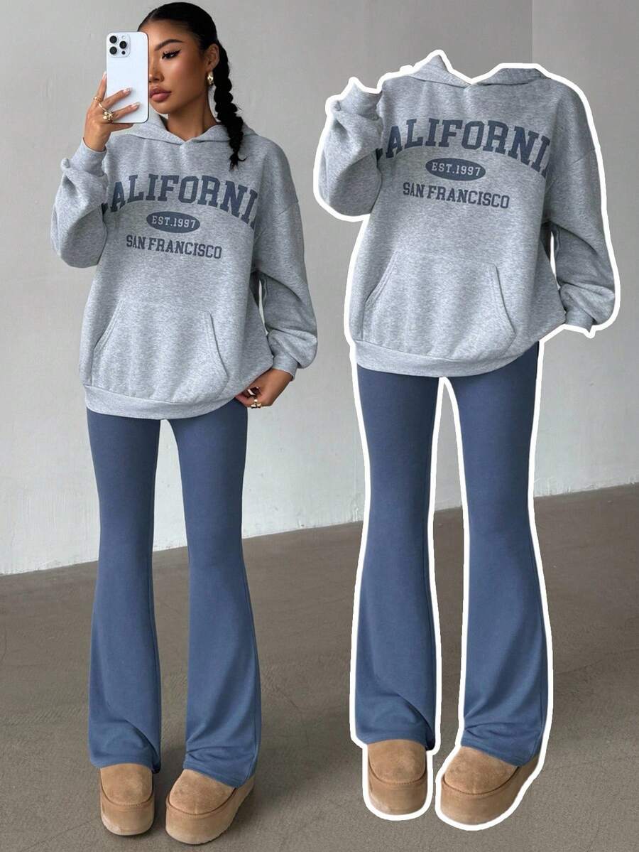 SHEIN Glowzi 青少年女孩两件套，碎花灰蓝色，休闲百搭，宽松长袖运动衫和喇叭裤，返校，干净女孩，运动服 - 灰色 - 查看 1