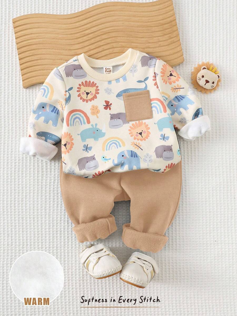 Cozy Pixies 2 pezzi Set di maglioncino girocollo a maniche lunghe e pantaloni in vita elastica con stampa di animali cartoni animati per bambino