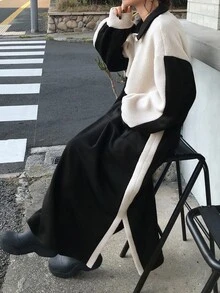 FRIFUL 女式宽松拼色仿羊毛Polo领长款连衣裙 - 黑與白 - 查看 2