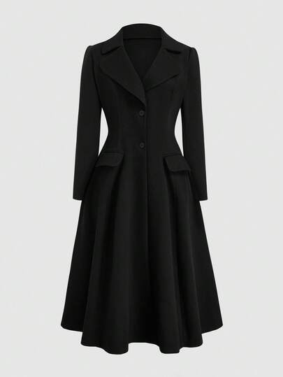 Sweetra Plus Size Women Solid Color Lapel NeckSimple Waist Fitted Jacket, Versatile For Autumn/Winter