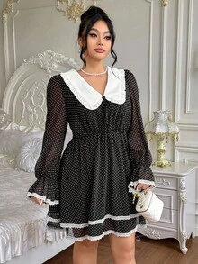 Flirla Plus Size Women's Chiffon Polka Dot Ruffle Splice Contrast Color Peter Pan Collar Dress, Party - Black - View 4