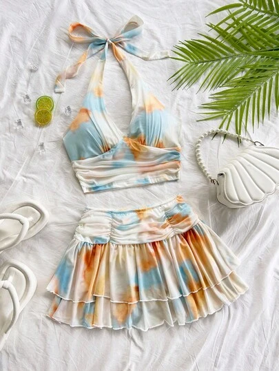 Soleia 女士度假米色纹理面料露背系带 V 领修身背心和双层荷叶边迷你裙套装