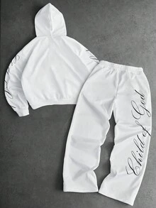 PAVTROS Manfinity Streetrush 男士街头风 INS 配套天使花卉元素复古涂鸦风格户外音乐节夜店男友老公礼物周年纪念礼物，保暖内衬卫衣裤套装，秋冬服装 - 白色 - 查看 3