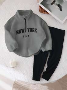 SHEIN 少女可爱字母印花立领蓬松上衣&松紧腰长裤套装 - 灰色 - 查看 7