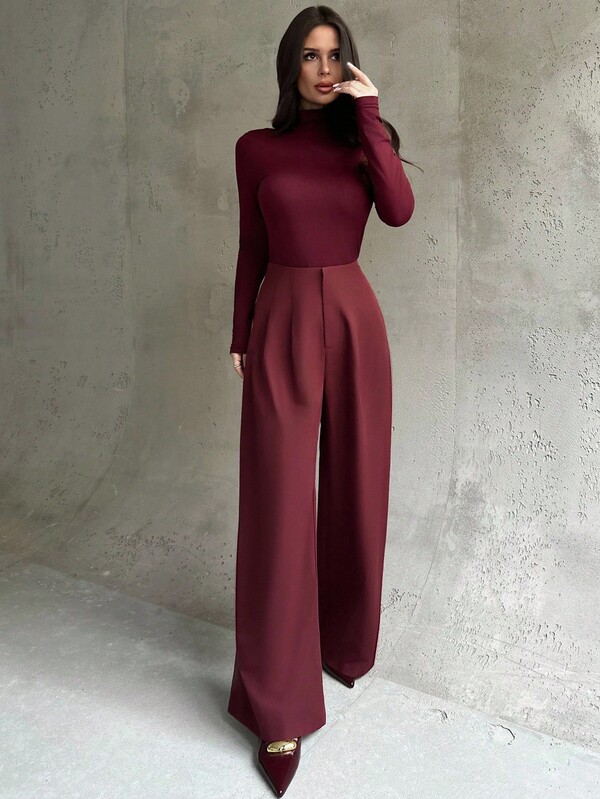 Firerie Pantalones anchos de cintura alta con cremallera y pliegues, elegantes y versátiles, en color rojo berenjena, adecuados para ir a la oficina, viajar, otoño/invierno y como atuendo de maestra