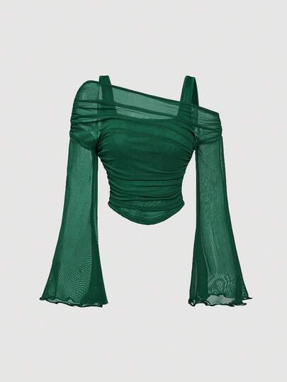 SHEIN MOD Dark Green Off-Shoulder Mesh 2in1 Trumpet Sleeve Long Sleeve Women's Top,Western,Vintage,70s,The Bachelorette