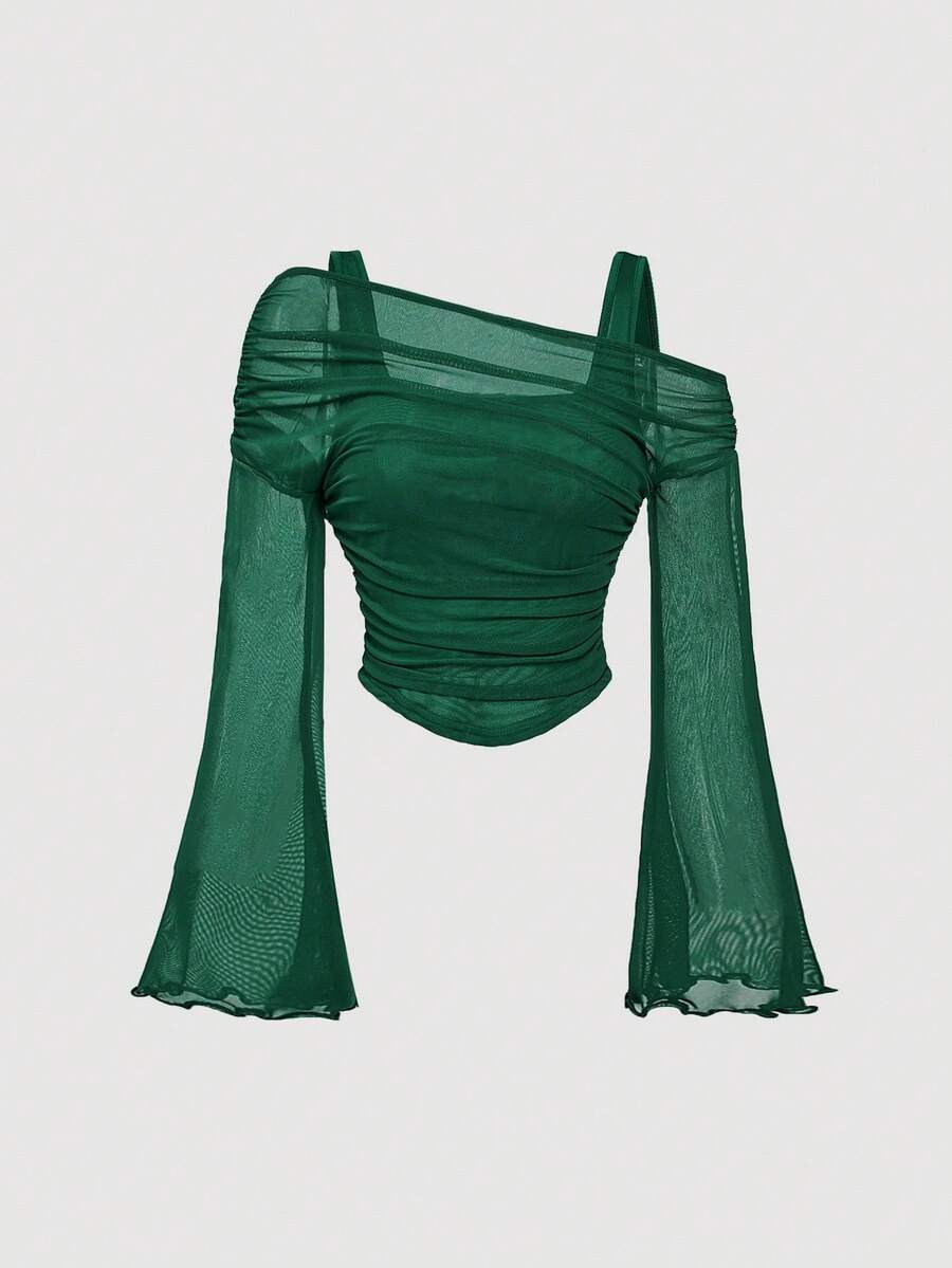 SHEIN MOD 深绿色露肩网眼二合一喇叭袖长袖女式上衣，西部风，复古风，70 年代风，单身女郎风 - 墨綠色 - 查看 1