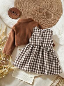 Vintaside Kids Conjunto de 2 piezas para bebé niña: Chaqueta de manga larga de unicolor y vestido sin mangas con decoración de moño y estampado a cuadros - Marrón - Ver 2