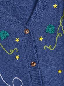 ROMWE Fairycore Áo len cardigan thêu hình bí ngô, ma, mặt trăng cỡ lớn dành cho nữ phong cách Halloween Cottagecore - Màu xanh lam - Xem 3