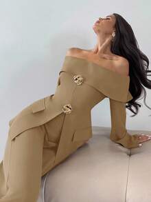 Firerie Damen elegantes Oberteil mit offener Schulter und Langarm sowie Hose, 2-teiliges Set, geeignet für den Alltag im Herbst/Winter