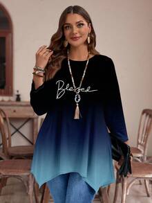 EMERY ROSE Casual Minimalist Ombre Print Long Sleeve Loose T-Shirt, Plus Size, ,Spring/Summer/Vacation Fall - Multicolor - View 5