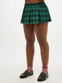 SUMWON WOMEN Pleated Green Check Mini Skirt With Tartan Pattern For Fall Winter Preppy School Style - Green - View 5