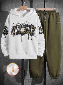 SHEIN 2 件青少年男孩休闲卡通字母图案宽松连帽卫衣套装，适合秋冬季 - 白色 - 查看 4