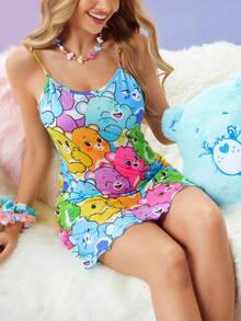 SweetSlumber X Carebears 女式可爱卡通熊全身印花生菜边修身吊带睡裙，夏季 - 彩色 - 查看 3