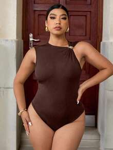 Easura 大码女式不对称金属装饰扣无袖紧身衣 - 棕色 - 查看 5