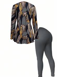 EMERY ROSE 2 件女式秋冬羊毛长袖 A 字型 T 恤和紧身裤套装，随机印花 - 彩色 - 查看 2