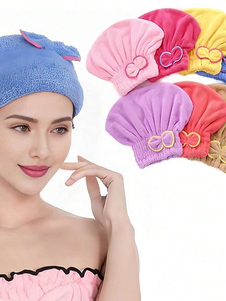 SHEIN 1件珊瑚绒蝴蝶结发巾帽,超强吸水速干浴帽,适合女性、女孩、公主风,加厚发巾,日常使用,家居浴室装饰,秋季装饰发饰,时尚柔软舒适 - 彩色 - 查看 1