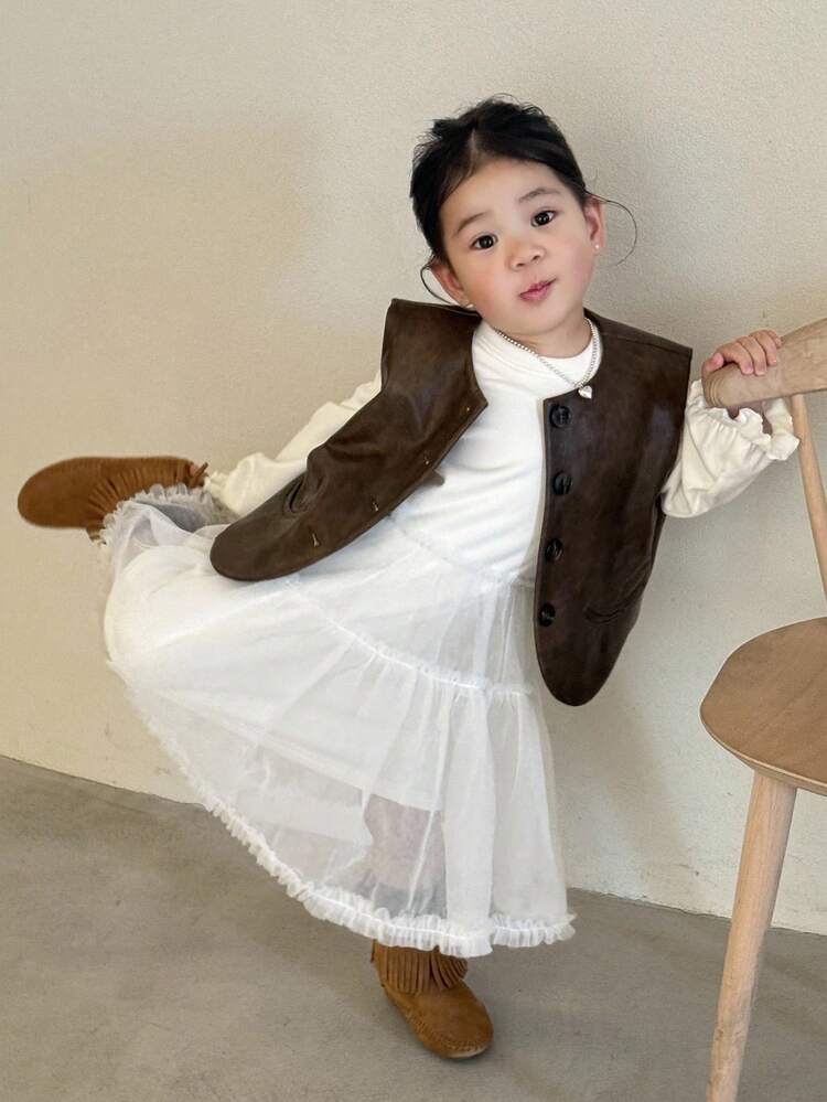 Baby Girl Round Neck Cap Sleeve Korean Style Mesh Patchwork Mid-Length Party Dress Fall, Winter Toddler Girls Clothes