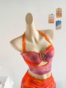 Soleia WYWH 女士夏季连衣裙套装，日落渐变色，蕾丝拼布褶饰露背上衣和双层蕾丝荷叶边迷你裙套装，适合节日、约会、下午茶、海滩、游轮、城市度假、四季、音乐节、波西米亚风度假，可内外穿着 - 亮橙色 - 查看 3