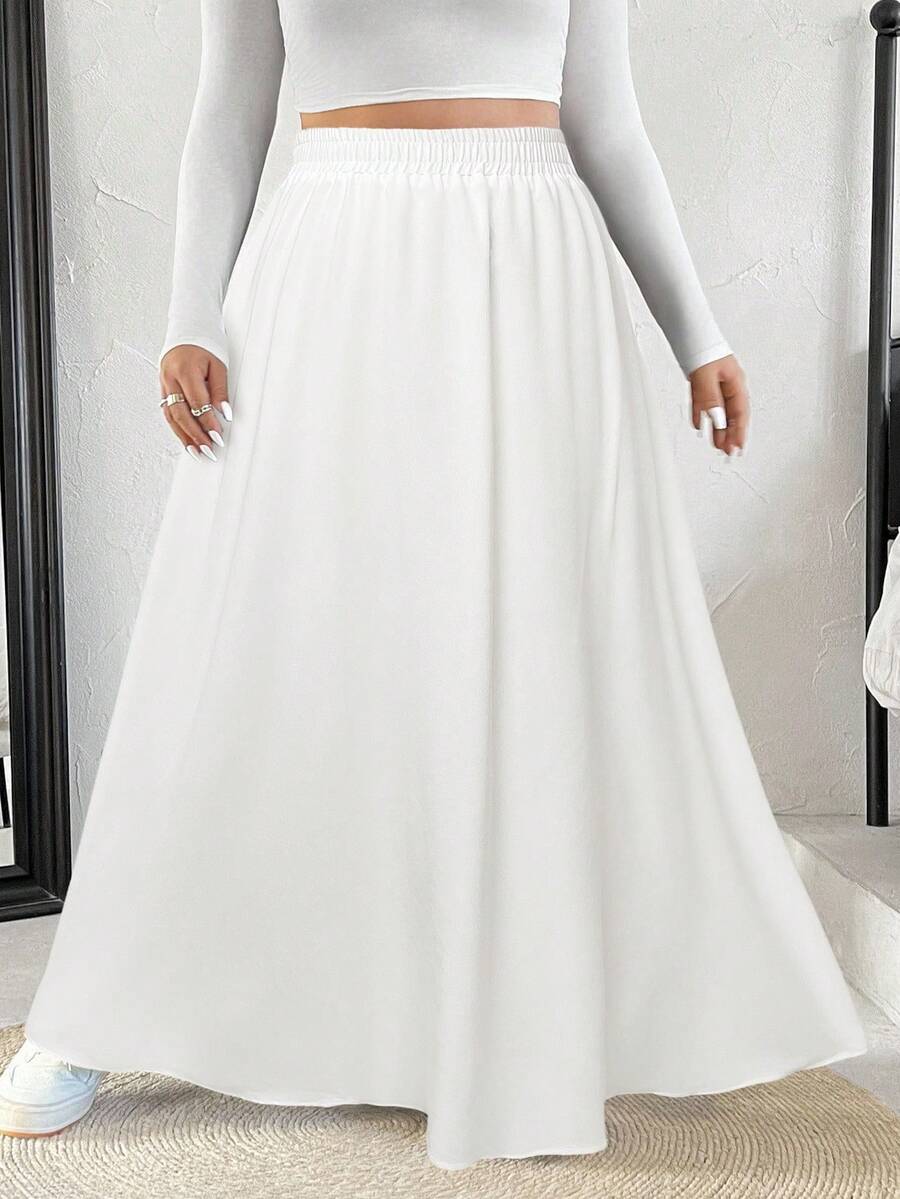SHEIN EZwear 大码女式纯色松紧腰 A 字裙 - 白色 - 查看 1