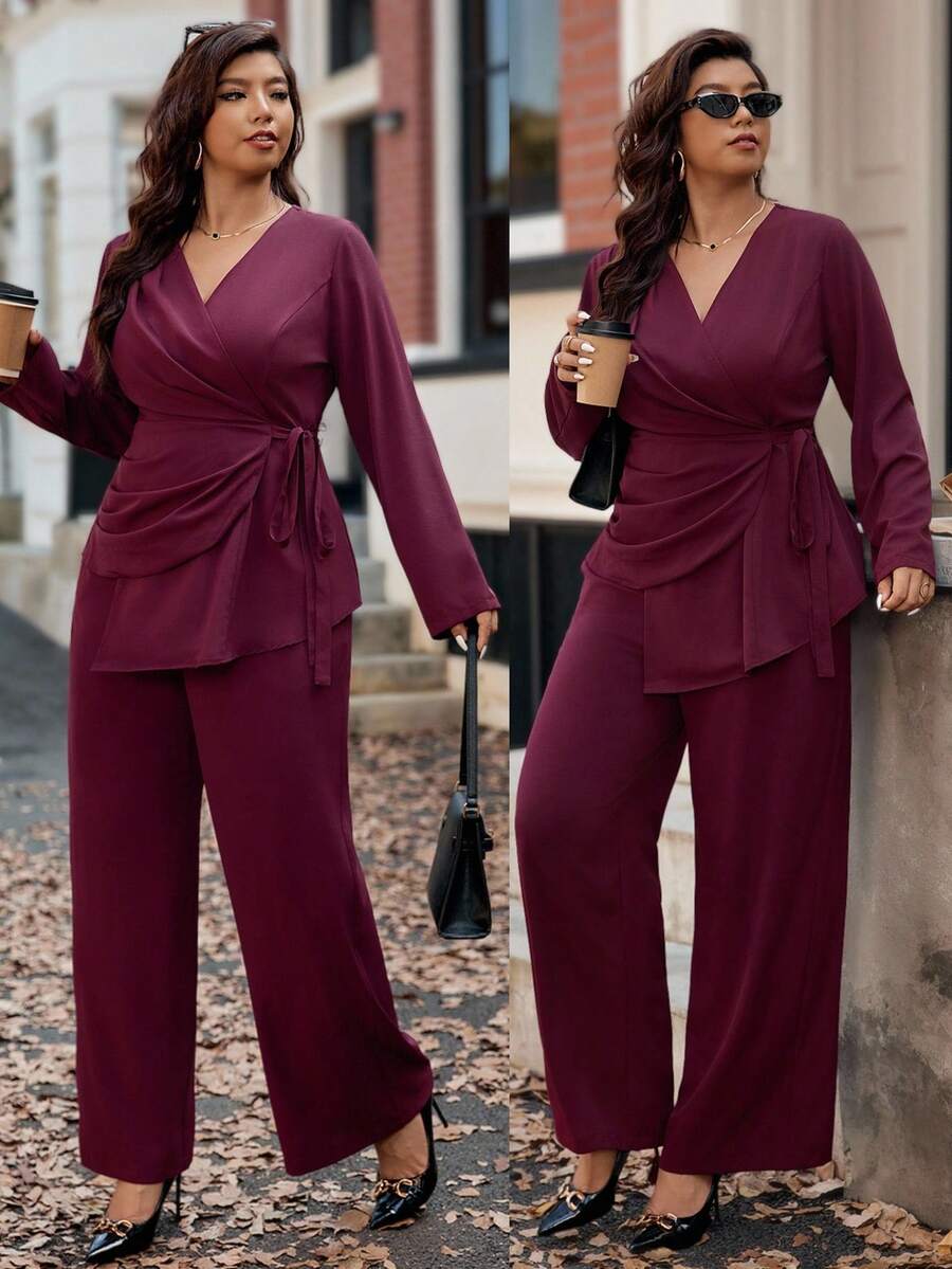 Vionelle 大码女士休闲优雅服装，采用纯色交叉领带衬衫和松紧腰裤，适合工作、旅行和休闲，春/秋/冬 - 中紫紅色 - 查看 1