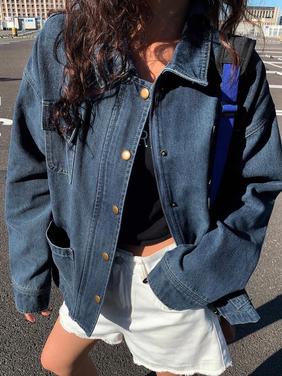 DAZY 女式宽松牛仔夹克，有领，有大口袋 - 藍色 - 查看 1