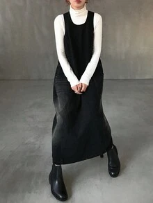 FRIFUL 女式休闲宽松牛仔双口袋连衣裙 - 藍色 - 查看 5