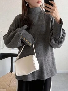 FRIFUL Kaos Wanita Kerah Tinggi Lengan Longgar Kancing Logam Dekorasi Manset Tinggi Berkualitas, Atasan Lengan Panjang Musim Gugur - Grey - View 3