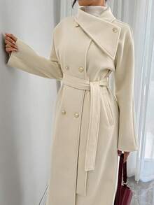 Elenzga 女士时尚百搭纯色双排扣大衣，秋冬 - 杏色 - 查看 7