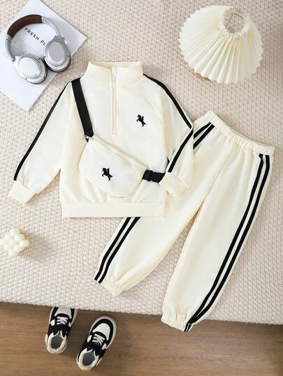 Genkimix Kids 2 件幼儿秋冬套装，儿童上衣采用半拉链和袋装设计，裤子采用卷边下摆和撞色饰边，简洁可爱，适合街头、学校、户外