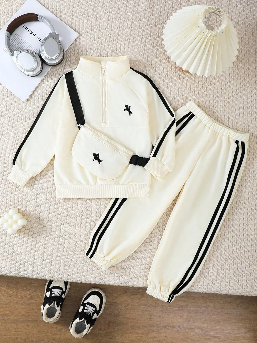 Genkimix Kids 2 件幼儿秋冬套装，儿童上衣采用半拉链和袋装设计，裤子采用卷边下摆和撞色饰边，简洁可爱，适合街头、学校、户外