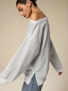 Hanevo Áo nỉ đơn giản một bên vai dành cho nữ, Thu/Đông - Màu Xám nhạt - Xem 6